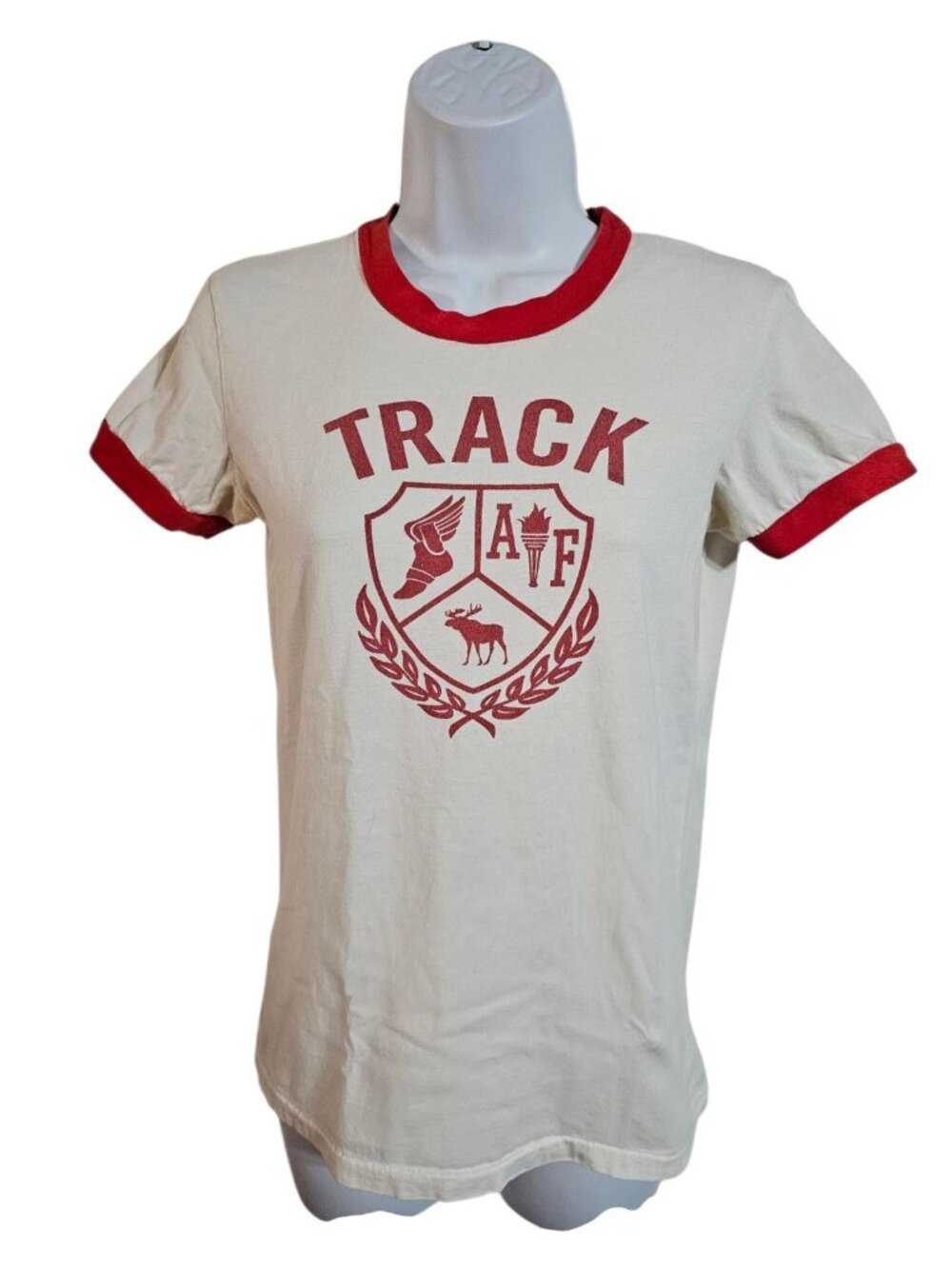 Abercrombie & Fitch Women Medium Ringer Tee White Red Track Archival Moose Rare - Picture 2 of 7